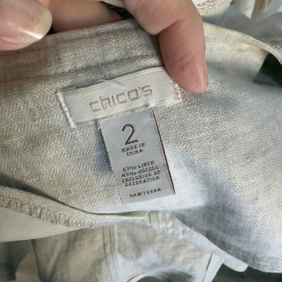 Chico's Women's Size 2 Medium Gray Linen Zip Up Jacket w/ Snake Print Trim #3422 - Picture 3 of 9